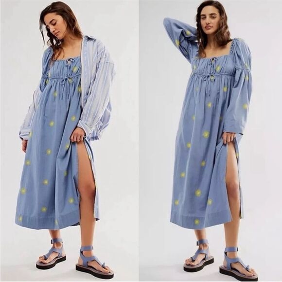 Free People NWT Emory Embroidered Maxi Dress size M in the color blue and yellow - Picture 2 of 9